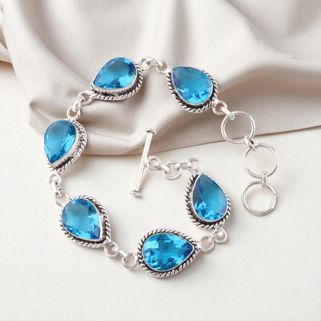 Swiss Blue Topaz Gemstone 925 Sterling Silver Jewelry Handcrafted Bracelet 7-9" RB-18-2