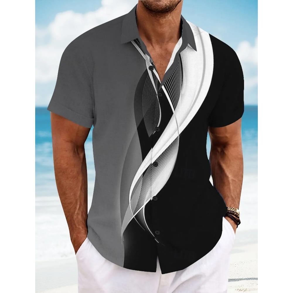 2025 Summer Men's Geometric Line Abstract Art Shirts Short Sleeve Tops Casual Shirts Turndown Casual Shirt Button Up Shirts