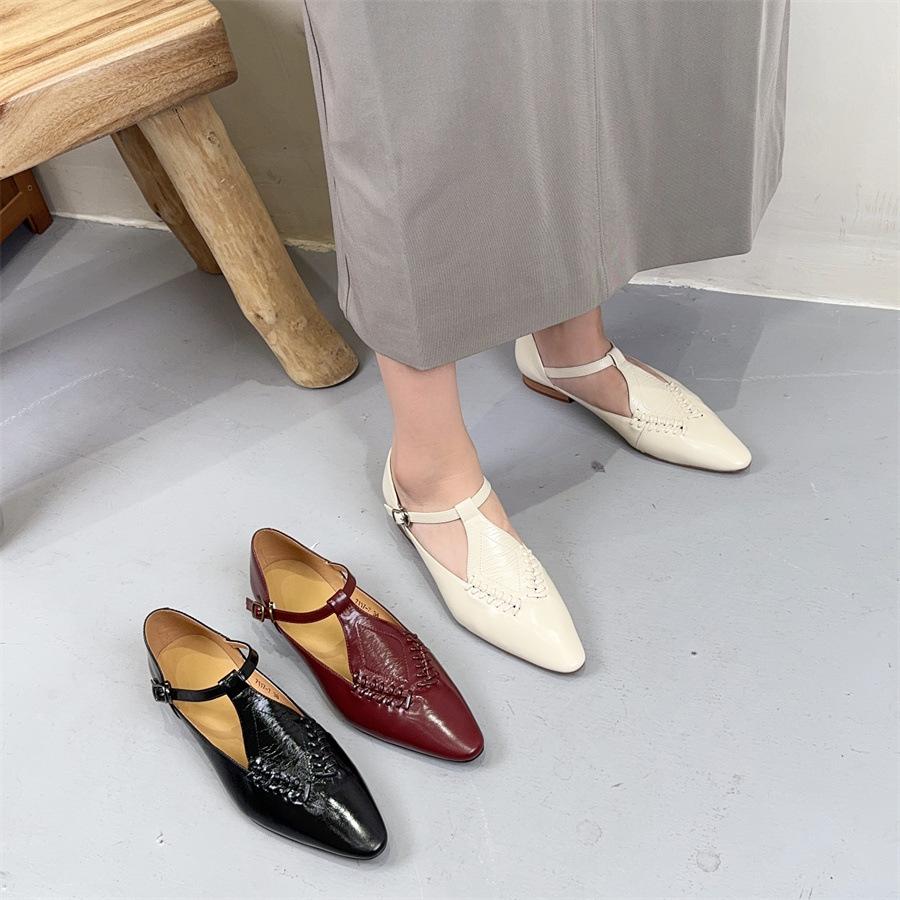 Johnature Genuine Leather Buckle Strap Women's Shoes French Style Versatile Temperament Pointed Flat Shoes