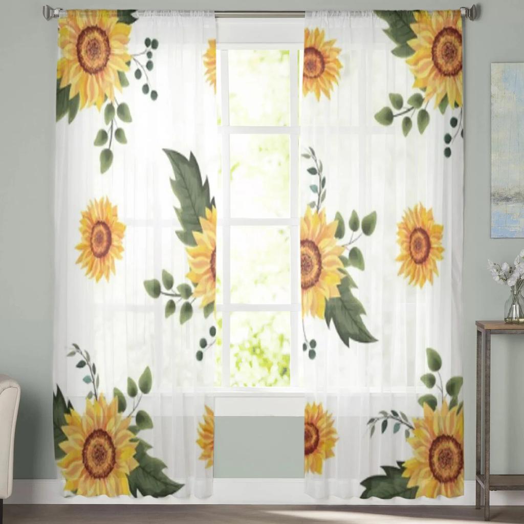 Transparente Vorhänge mit Sonnenblumenmuster für Wohnzimmer, Kinder, Schlafzimmer, Tüllvorhänge, Küchenfenster, Behandlungsvorhänge