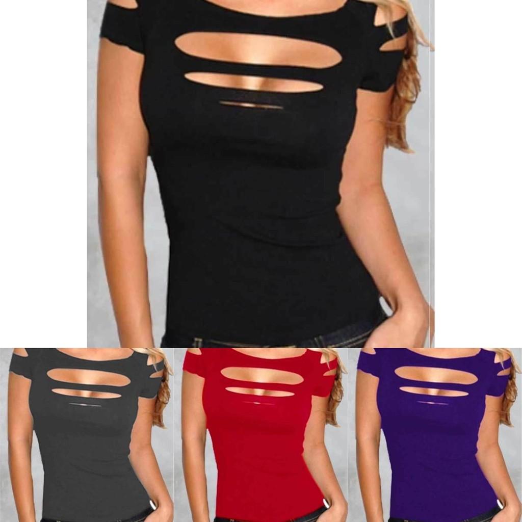 Premium Quality Summer Women's T-shirt Short Sleeve Broken Style Stretch Blouse For Nightclub