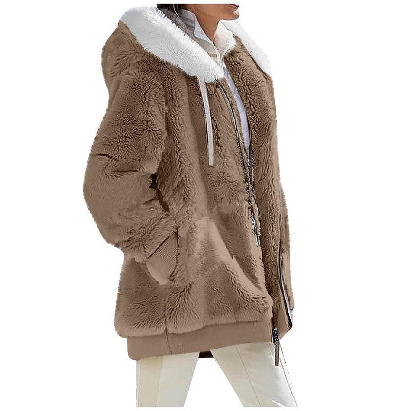 Cross-border Amazon explosion Europe, America 2024 autumn and winter loose plush long-sleeved zipper pocket hooded warm jacket women