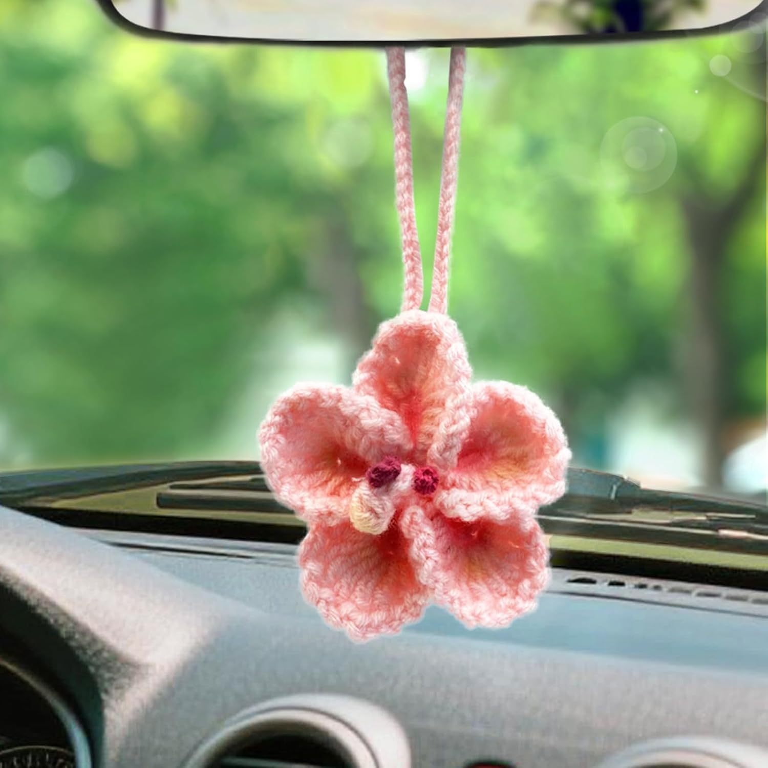 Crochet Hibiscus Flower Car Hanging Accessories for Women,Handmade Hawaiian Tropical Flower Ornament,Cute Crochet Plant for Car Rearview Mirror Pink Hibiscus