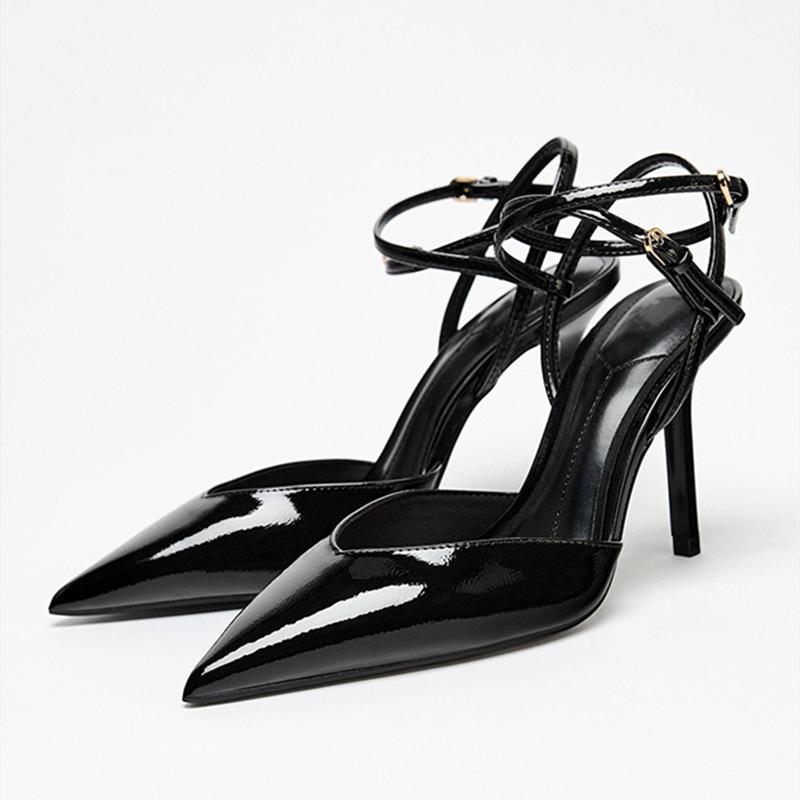 Fashion Sexy Pointed Toe Patent Leather Women Pumps Elegant Ankle Strap Buckle High Heels Luxury Designer Shoes Mules Heeled Sandals