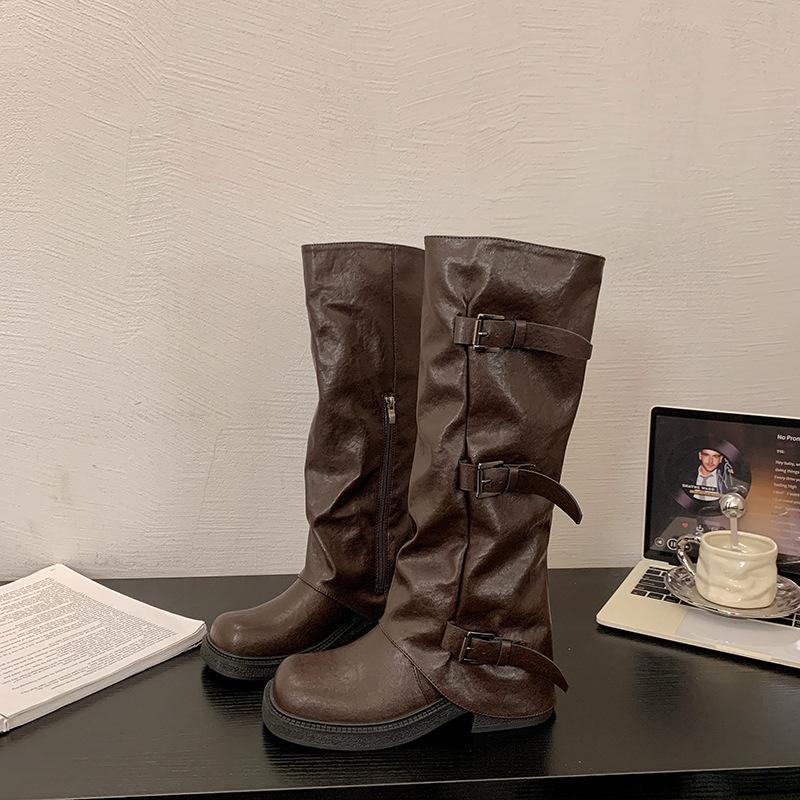 Vintage medium and high tube western denim pile knight women's boots autumn new buckle French trousers thick heel knight boots