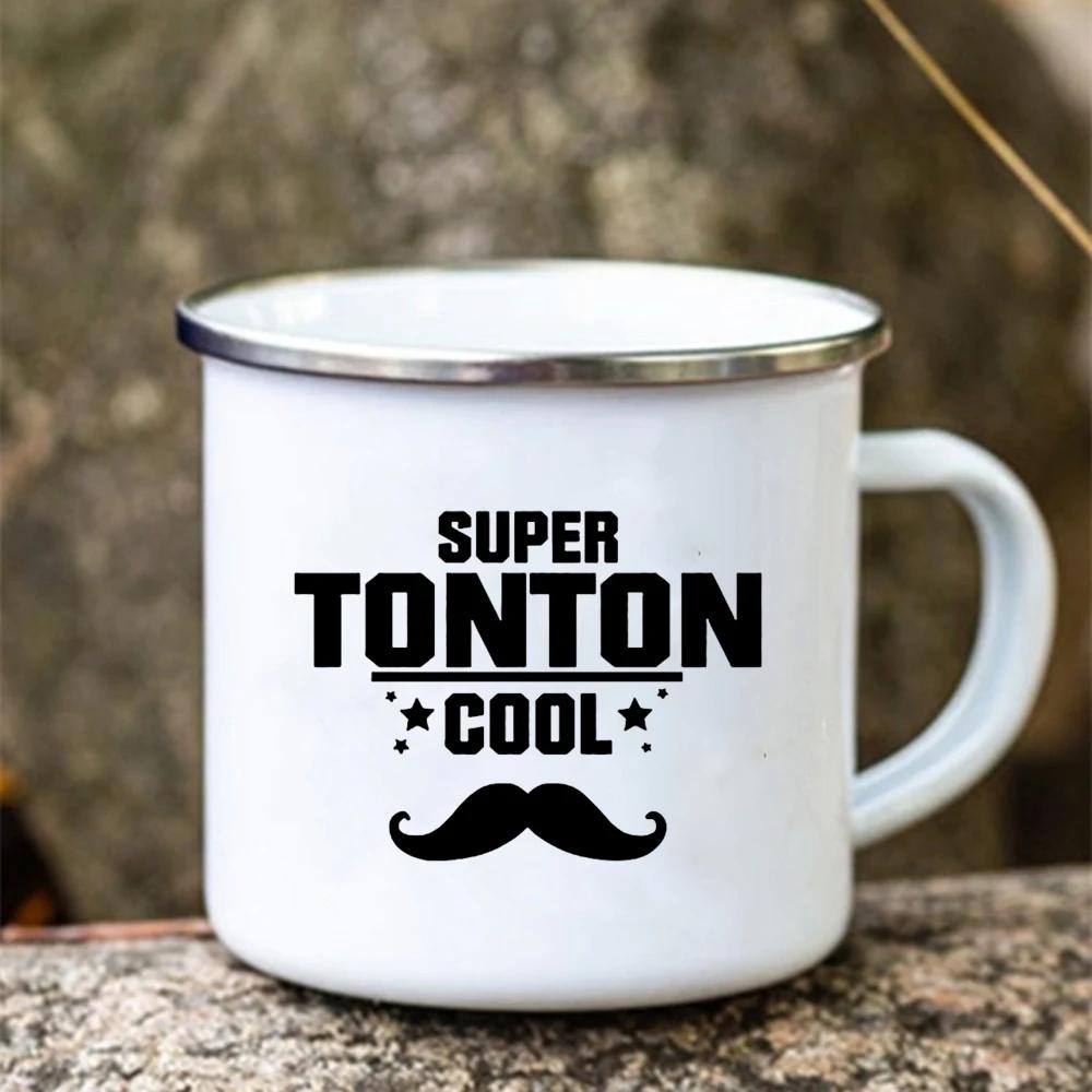 Super Tonton Papy Printed Funny Enamel Creative Coffee Cups Camping Mugs Handle Drinkware Vacation Mug Father's Day Best Gifts
