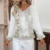 Women's Casual Fashion Ruffle V-Neck Pocket Retro Print Long Sleeve Top