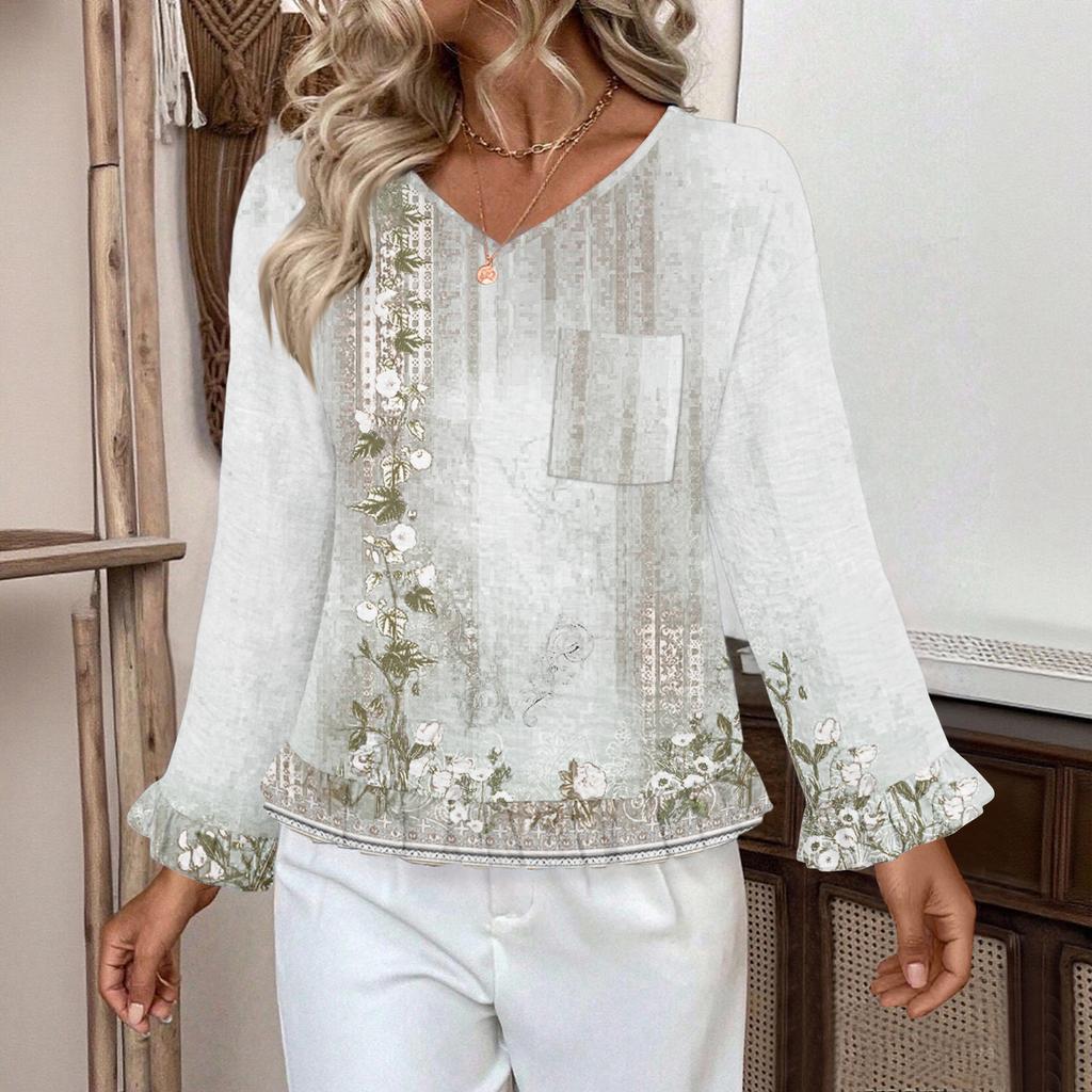 Women's Casual Fashion Ruffle V-Neck Pocket Retro Print Long Sleeve Top