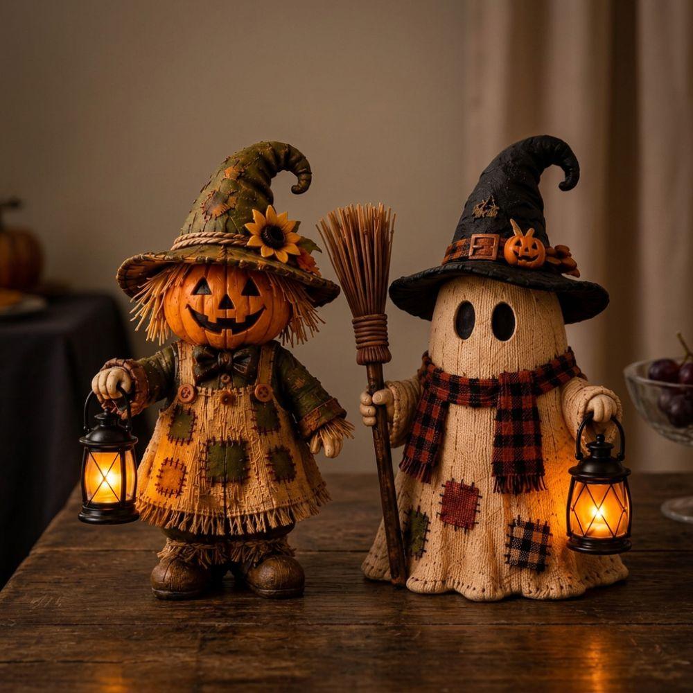 Double-Sided Print Mummy Pumpkin Scarecrow Statue Vintage Plaid Bow Ghost Ornament  Thanksgiving