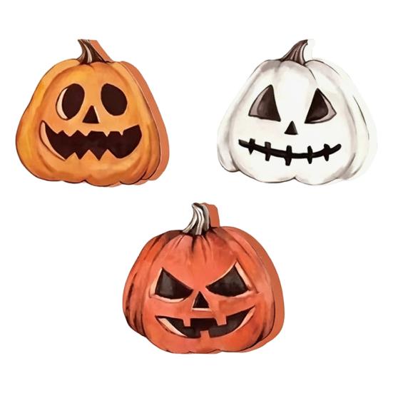 Indoor Halloween Ornaments 3Pcs Pumpkin Tabletop Decor, Rustic Face Wooden Block Small Decorative Figurines Ornaments, Farmhouse Desktop Craft