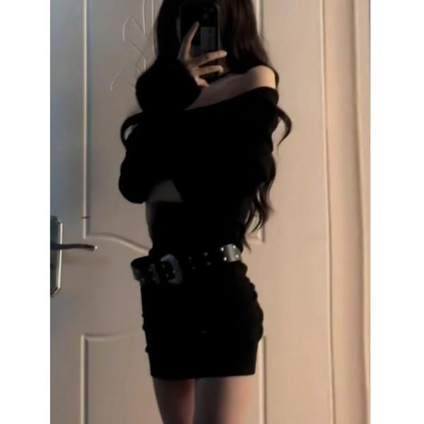 [With Belt] Spice Girl One-word Shoulder Long-sleeved Short Dress, Women's Pure Desire To Wear Slim-fitting and Thin Temperament Short Skirt