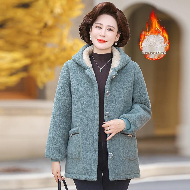Mamas Herbst-/Winter-Kapuzenjacke aus Lammwolle für Damen, Plüsch-Samt, Verdickte warme Baumwolle für mittlere und ältere Menschen, Strukturierter Samt