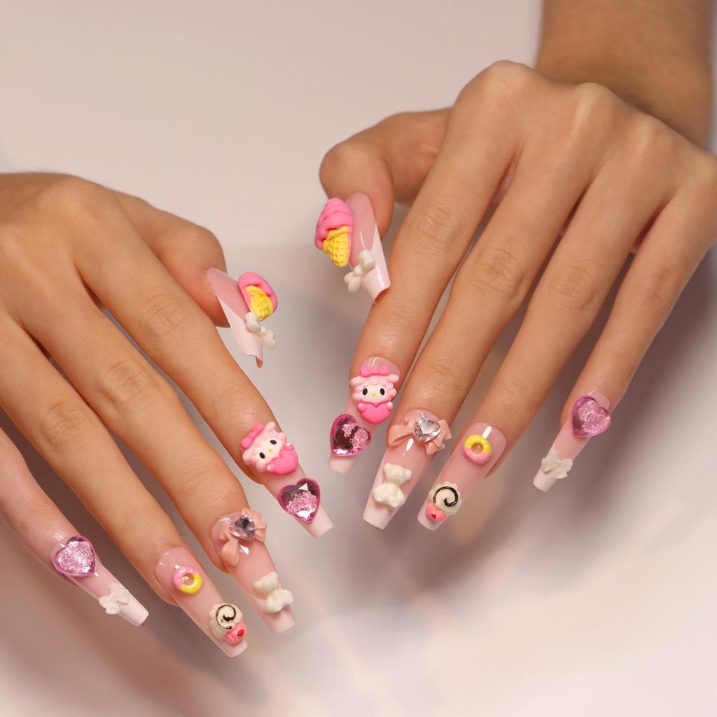 Sweet Pink 3D Bow and Rhinestone Bear Ice Cream Cone Fake Nails
