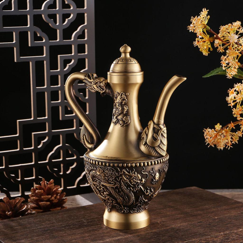 Dragon and Phoenix Brass Wine Pot with Baifu Copper Cylinder – Auspicious Teapot and Teacup Decoration for Restaurants