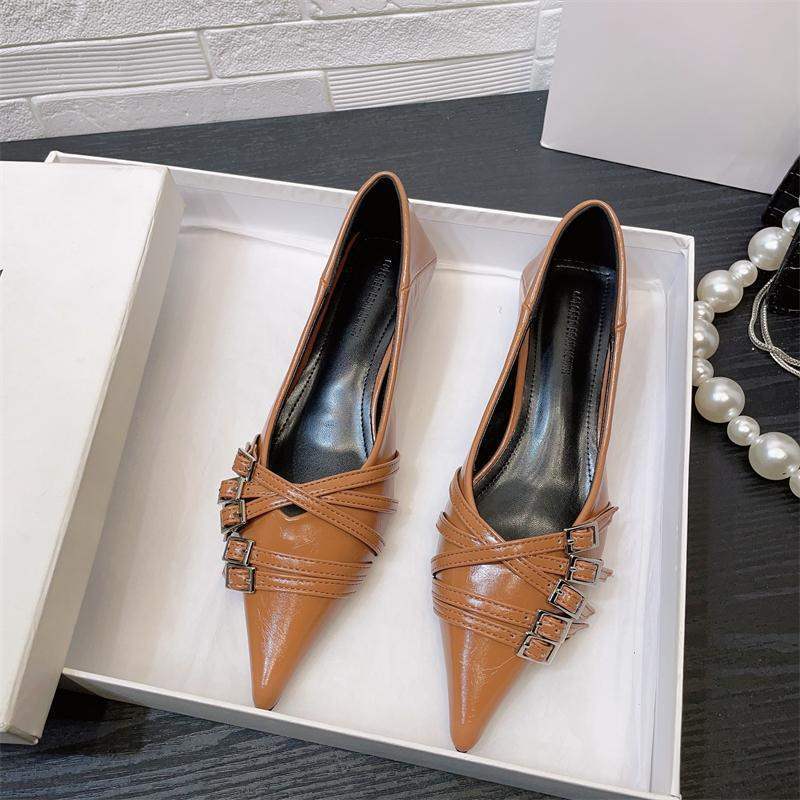 

European and American style pointed head shallow mouth buckle thin belt kitten heel single shoes women s autumn 2025 shallow mouth low heel women s sh 41 коричневый