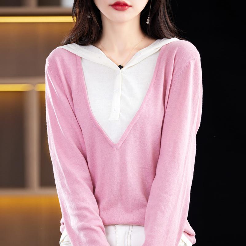 Women's Comfortable Sweater with Hooded Two New Knitted Sweater Fake Outer Wear Early Autumn Loose Pullover Hooded Color Matching