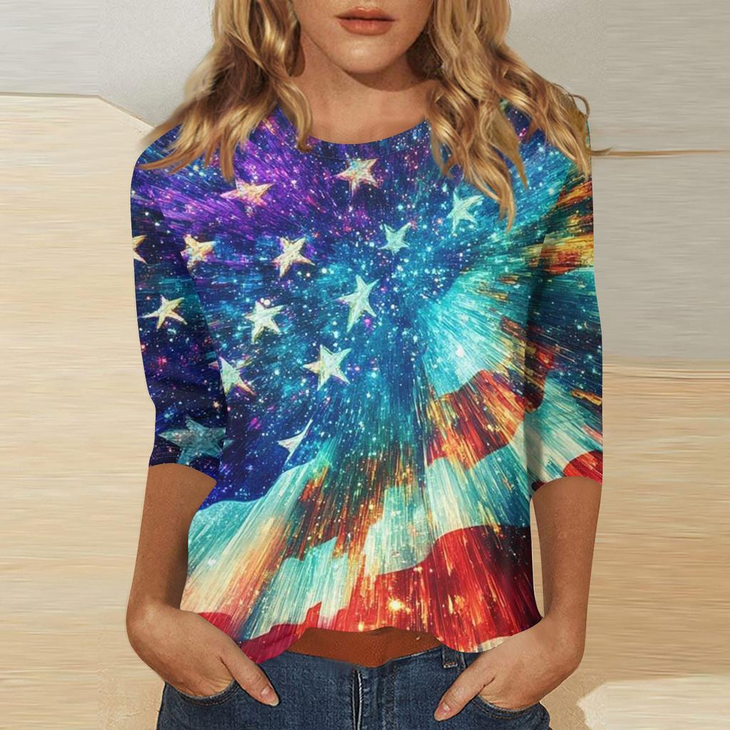 Women's Independence Day Print Round Neck Seven-Eighths Sleeve Top