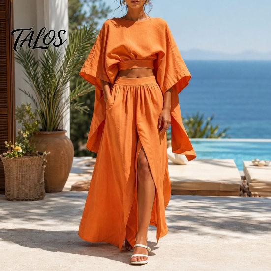 Women Relaxed Fit Suit Summer 2 Piece Outfits, Batwing Half Sleeve Crop Top Breathable Clothing And High Slit Maxi Skirt Travel Vacation Matching Sets