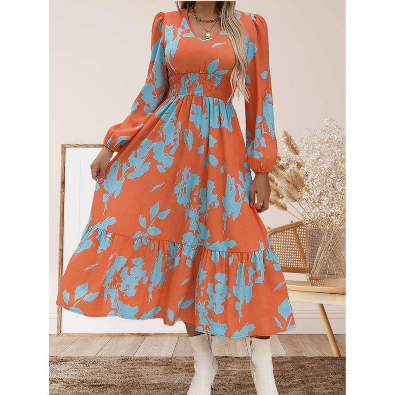 

Spring & Fall New Arrival Fashion Style Fashion V Neck Print Waist Trimming Ruffles Elegant Bubble Long Sleeve Dress Long Dress for Women Orange XL