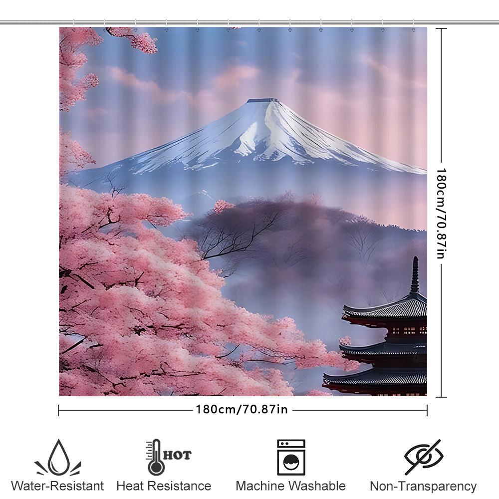Japanese Style Shower Curtain with Sakura Blossoms and Mount Fuji Scenery - Waterproof and Durable Bathroom Decor Elevate Space