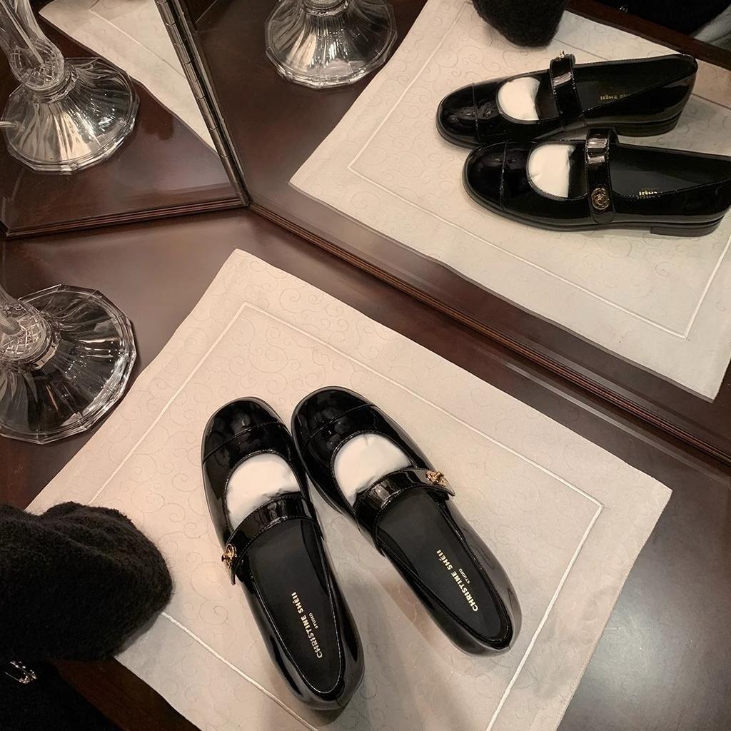 High-end Cowhide Version~ One-word Buckle with Thick Heel Flat Mary Jane Shoes Women's Single Shoes