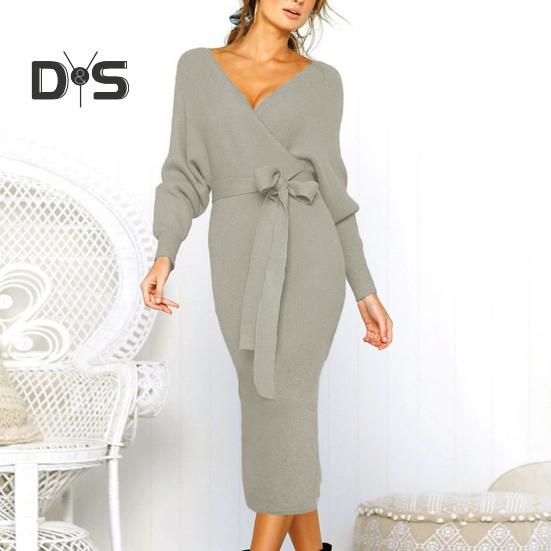 Women Fall Winter Dress V Neck Lace Up Belted Tight Waist Solid Color Knitted Elastic Mid Calf Length Long Sleeve Slim Fit Lady Commute Dress