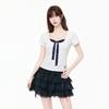 Design polka dot lace-up fake two-piece front shoulder short-sleeved t-shirt women's summer slim-fitting waist short top