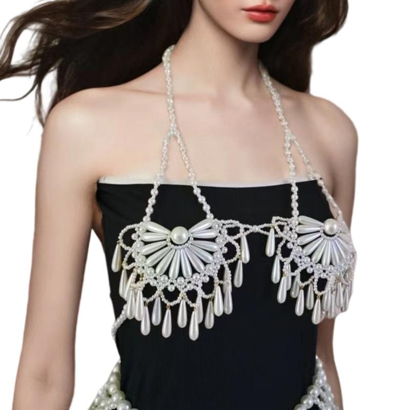 Multi Layered Beaded Tassels Bra Jewelry Set with Alloy Pearls Trendy Body Chain For Rave Beach Party Accessories