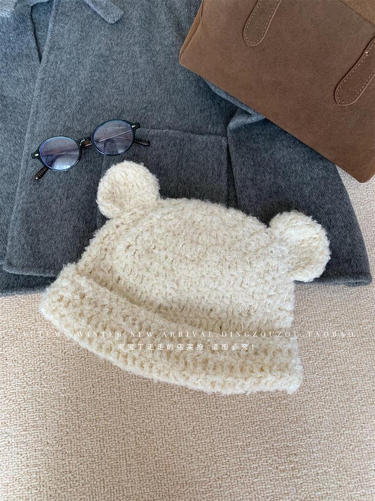 Soft Glutinous Cute Handmade Ears Bear Hat Women's Autumn and Winter Warm Curling Ear Protector Wool Hat