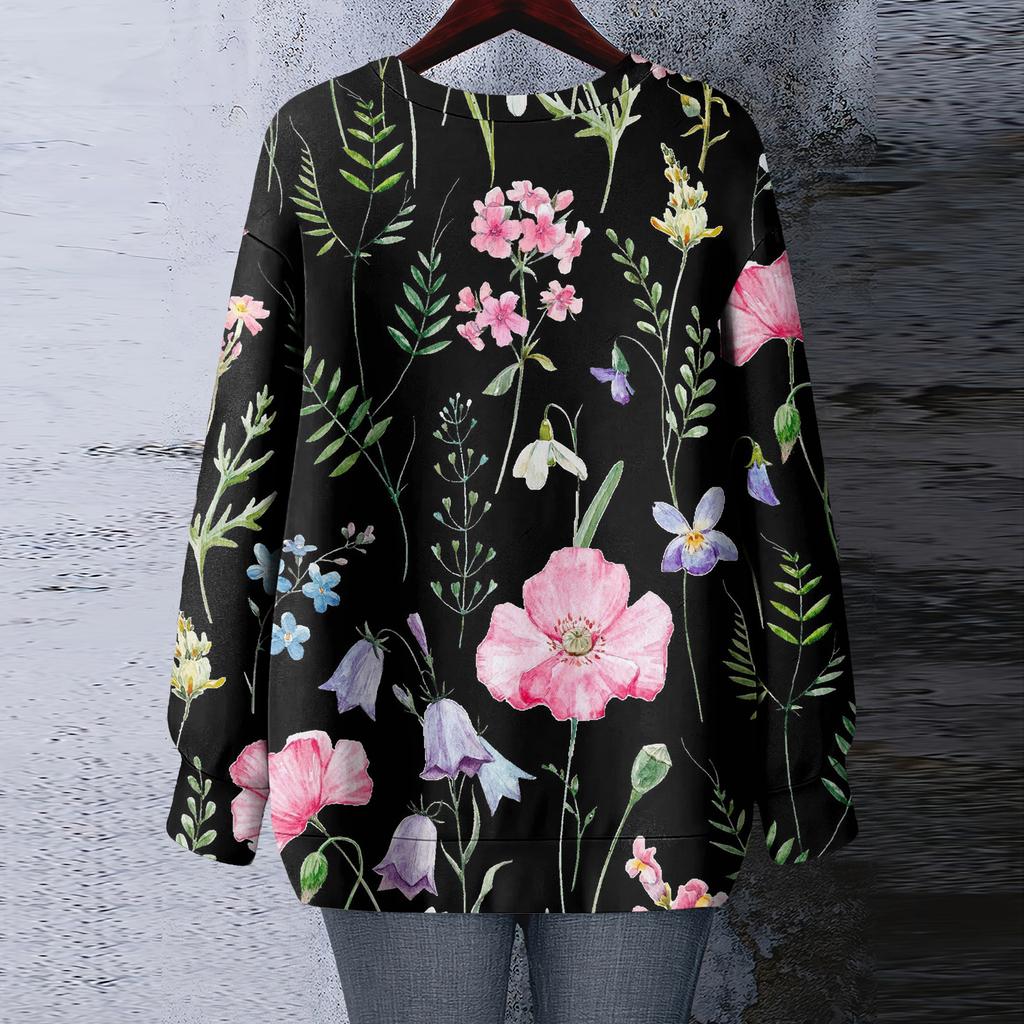 Women's Floral Print Round Neck Long Sleeved T-shirt Sweatshirt Top