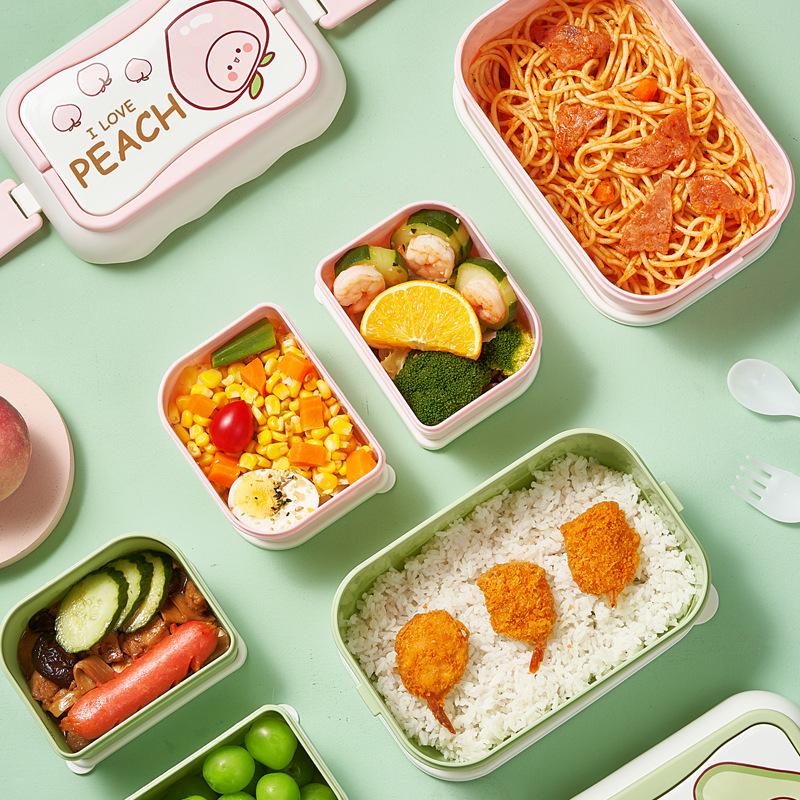 Microwaveable Cartoon Bento Box - Double-Layer Plastic, Compartmentalized for Student Lunches/Fruit