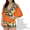 Deep V-Neck Lantern Half Sleeve Mid-Rise Women Jumpsuit Flower Printing Retro Trim Short Pants Romper Female Clothing