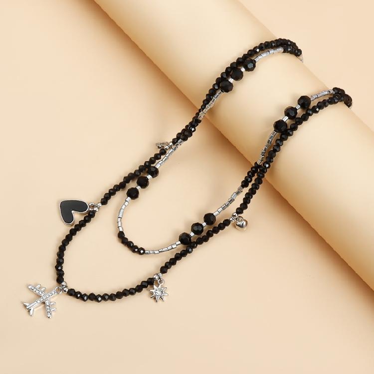 Elegant Gothic Plane Pendant Necklace with Black Beaded Charm and Adjustable Chain Decoration for Trendy Women