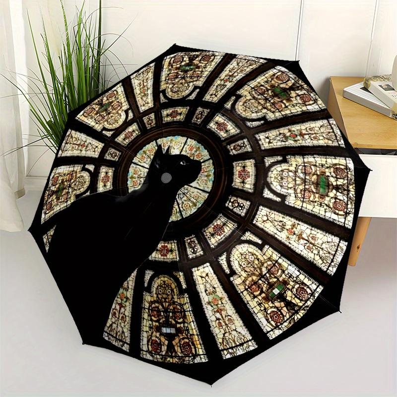 1pc Stained Glass Cat Automatic Open/Close Umbrella with Windproof, Functional Design, 8-Rib Sturdy Canopy