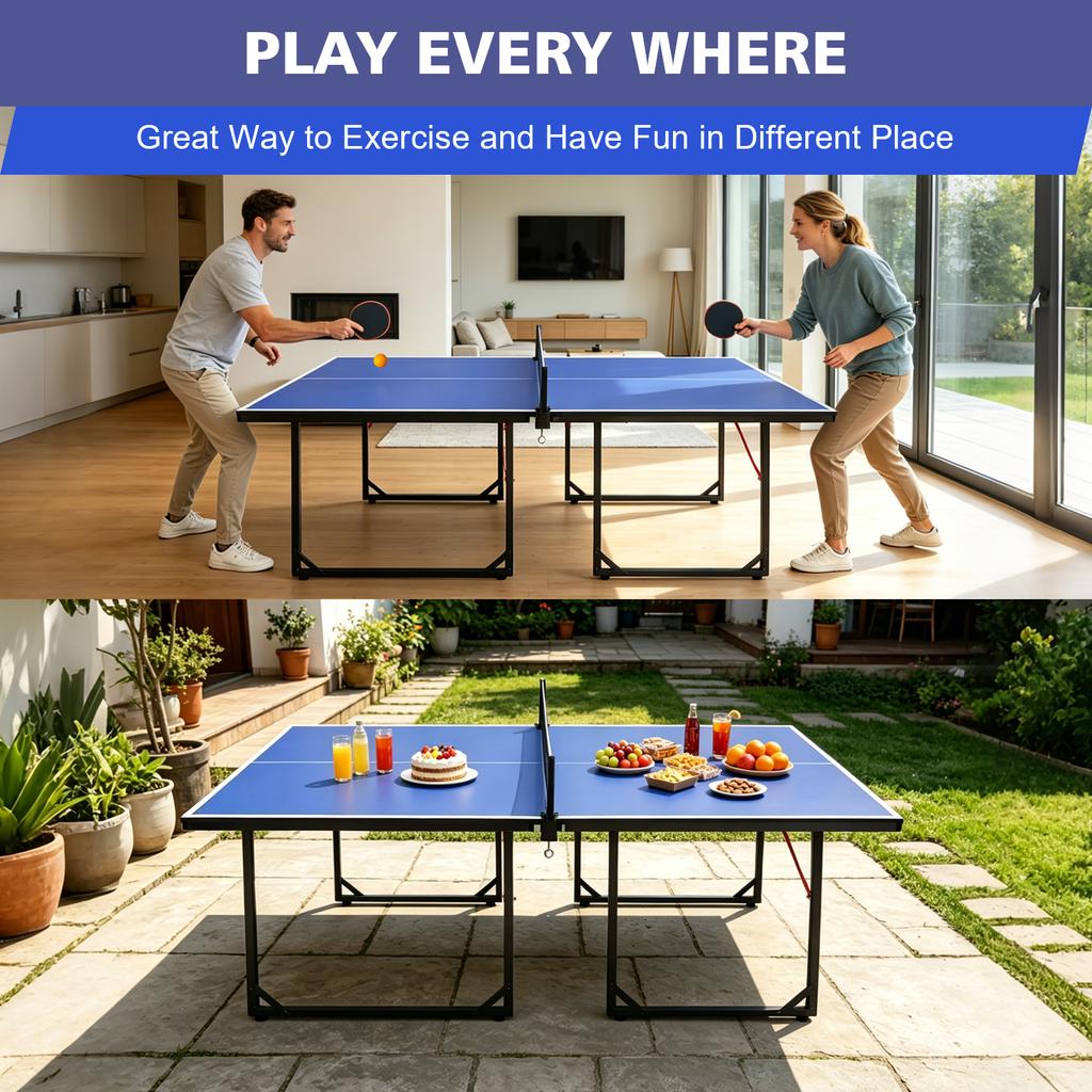 6 Fuß Mittlere Tischtennisplatte, Klappbare & Tragbare Ping-Pong-Tischgarnitur für Indoor- & Outdoor-Spiele mit Netz, 2 Tischtennis-Schlägern und 3 Bällen