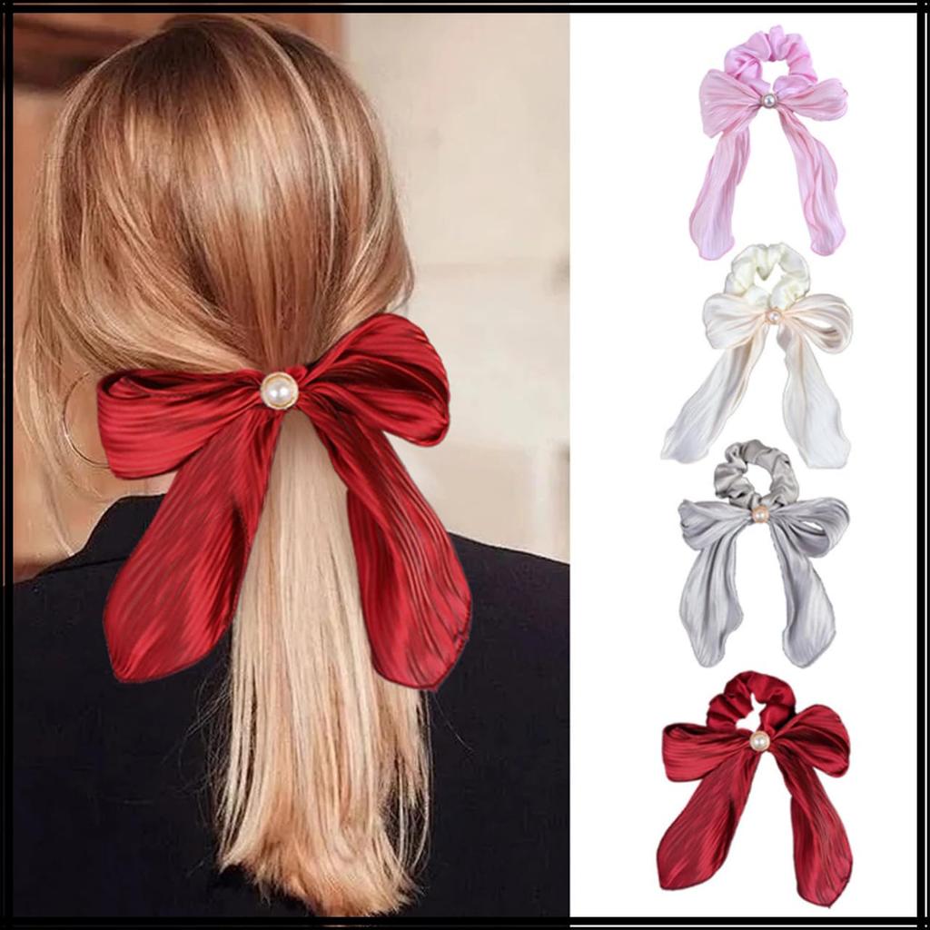 White Fang Ribbon Scrunchie Hair Tie Hair Accessory with Cute and Stylish for AZ569 Pearls, Women, (Beige)