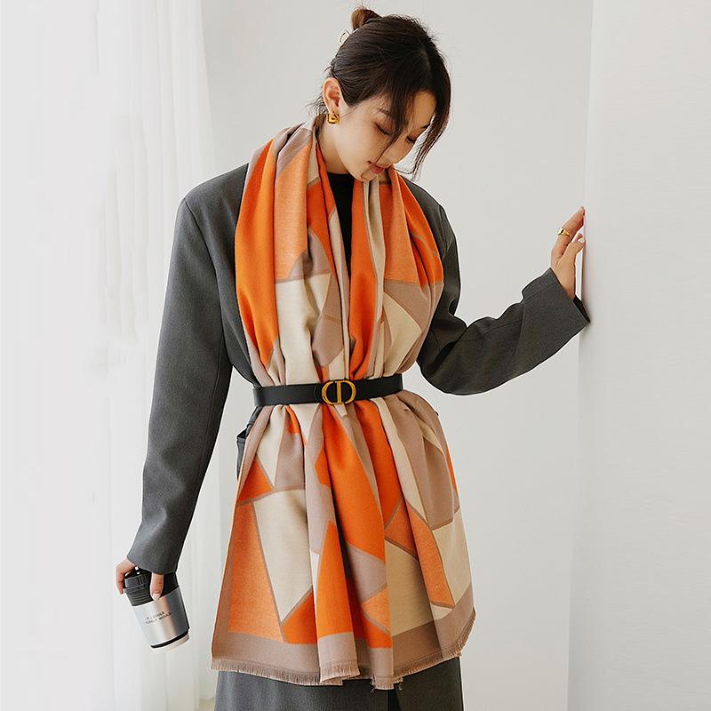 New Fashion Imitation Cashmere Women Vintage Double Sided Geometric Print Scarf Winter Warm Shawl Long Wrap Female Thick Blanket