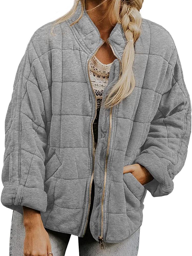 Women's Quilted Zip-Up Jacket with Square Stitch Design, Loose Fit, Multiple Color Options