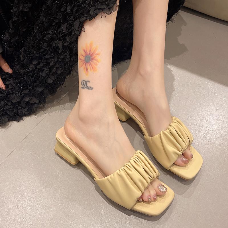 Fashion Summer New Sexy Square Head Pleated Simple Versatile Large Slippers for Women Comfortable High Heels for Women's
