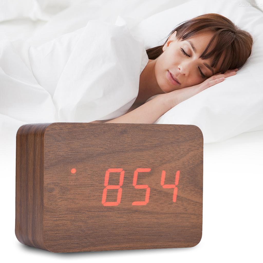 Wooden Electronic Digital Alarm Clock Temperature LED Display Sounds Control