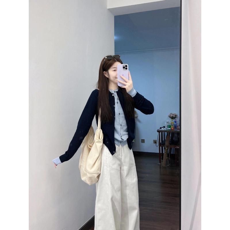 Fake two-piece layered loose top women's autumn new contrasting color splicing knitted cardigan college style sweater jacket