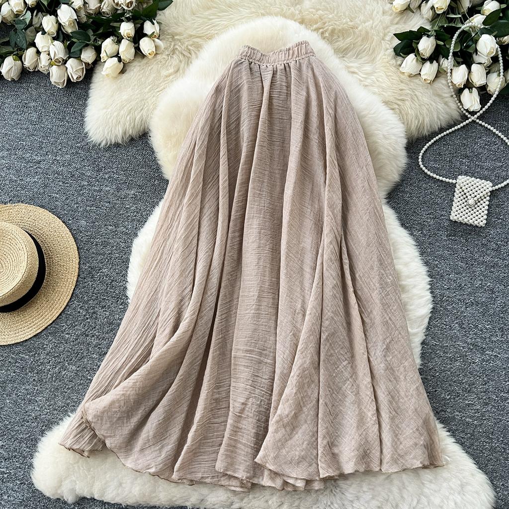 Summer Women Chic Cotton Linen Solid Elastic Waist Long Maxi Skirt