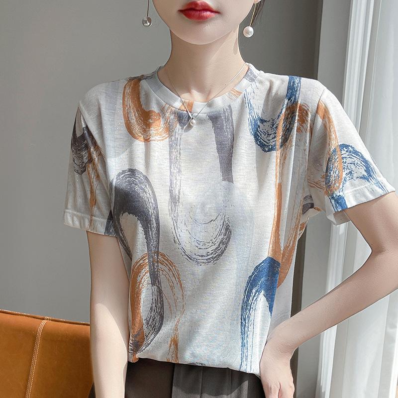 Jarní a letní móda Renderovaný potištěný pletený svetr s krátkým rukávem, volný, ležérní, tenký tencelový poloviční rukáv