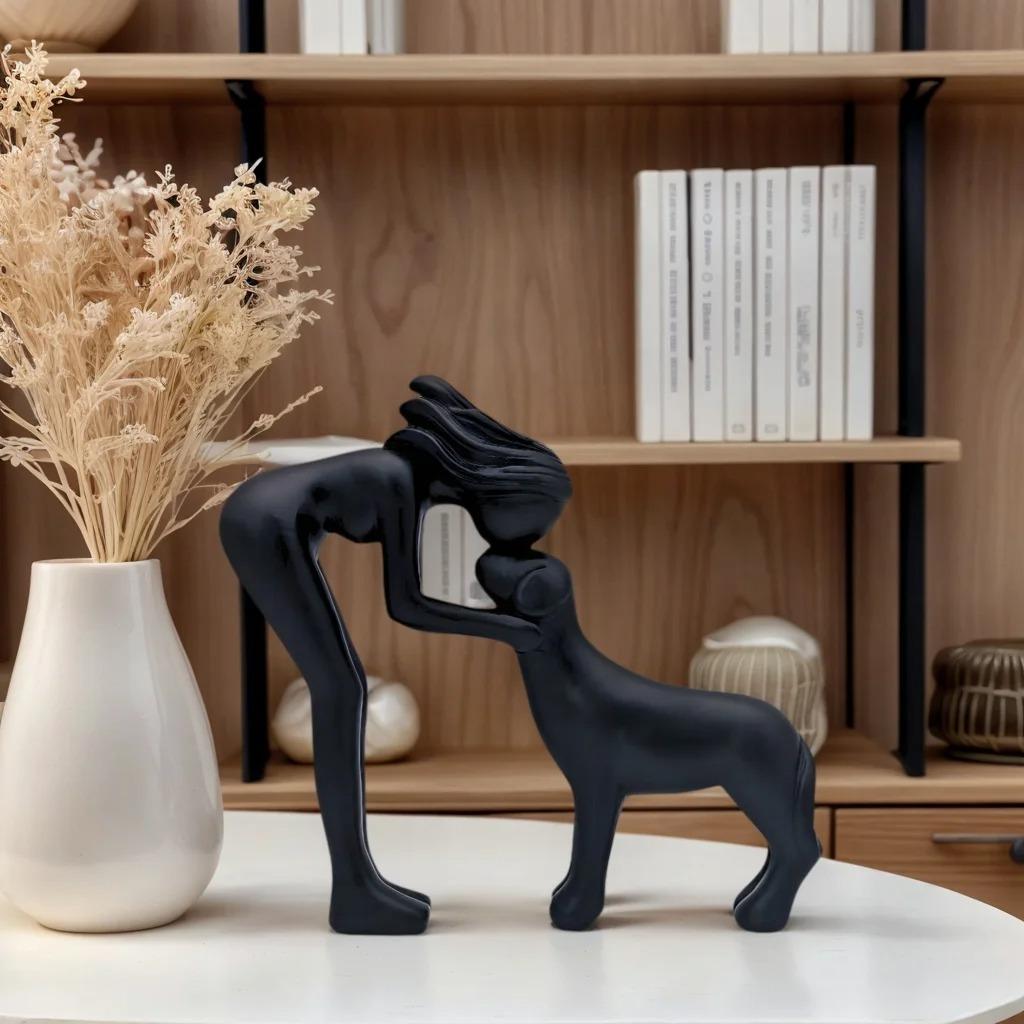 Abstract Black Resin Sculpture: Woman & Dog Hugging Figurine - Modern Pet Lover Gift Home Office Decor