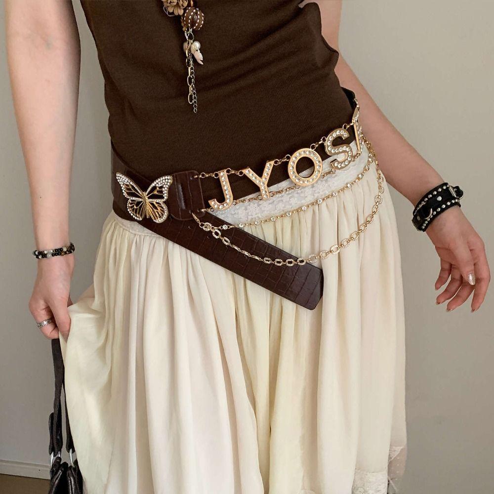 

PU Leather Butterfly Waist Chain Y2K Waistband Retro Rhinestone Belts Skirt Accessories кавовий