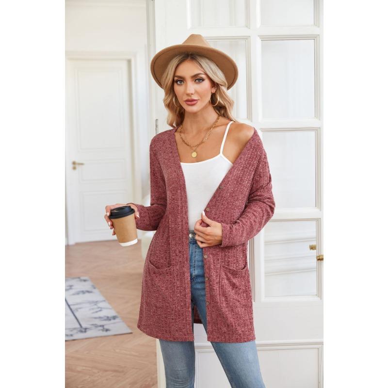 Autumn and Winter Solid Color Loose Long Sleeve Pocket Cardigan Jacket Women's New Style