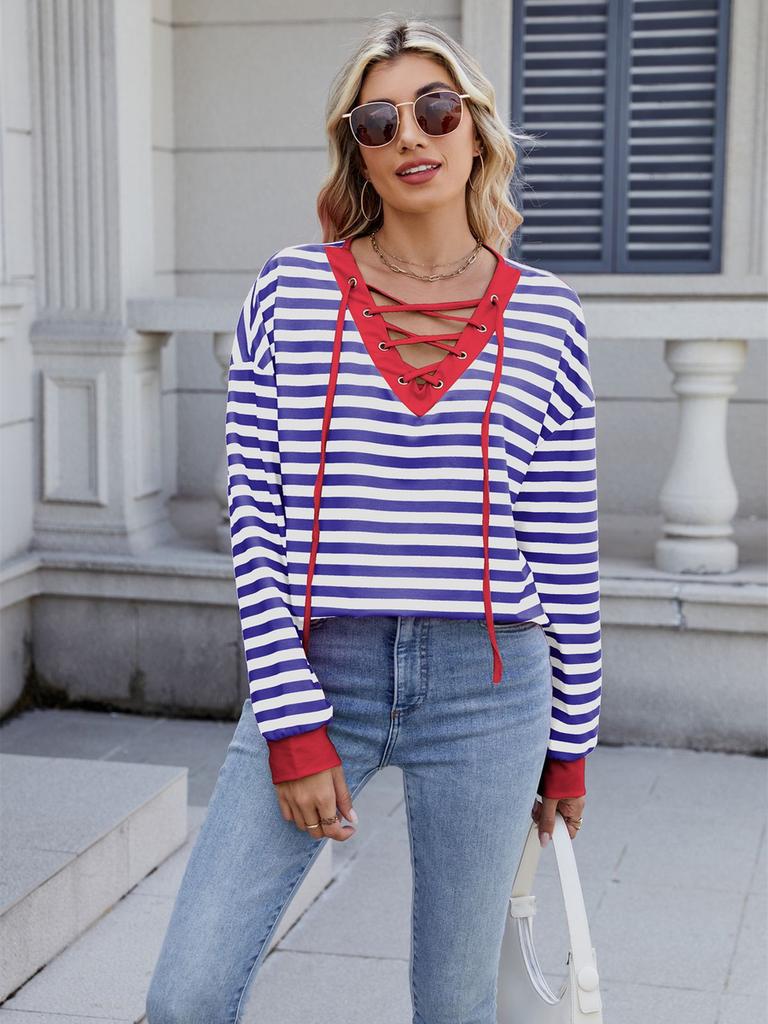 Spring/Summer New Style Striped V-Neck Sweatshirt with Tying Long Sleeve for Women