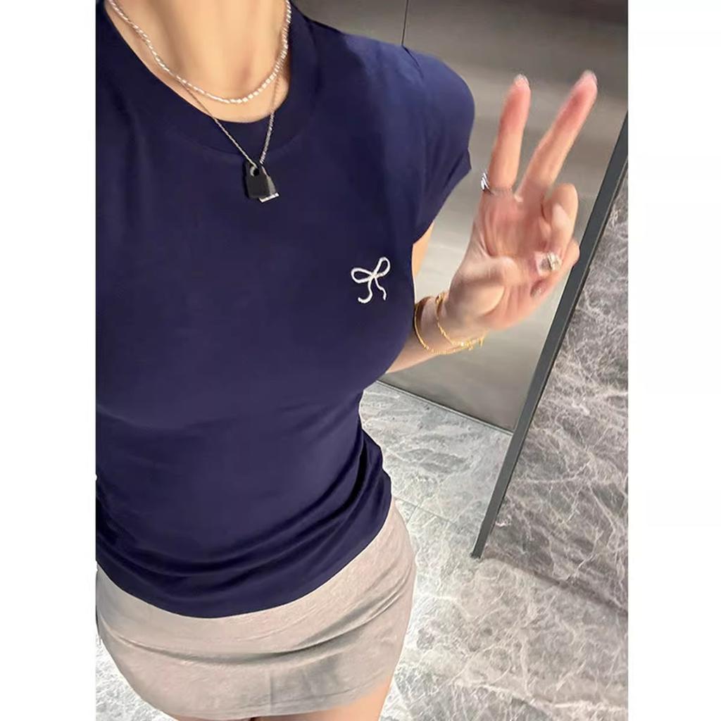 Summer Macaron Color Cotton Contrasting Niche Bow Embroidered T-shirt for Women's Age-reducing Slim Shoulder Short Sleeves