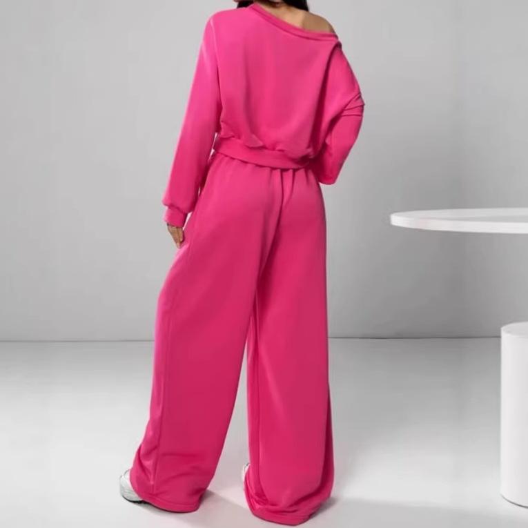 Spot European beautiful women long-sleeved top trousers set new navel casual fashion set