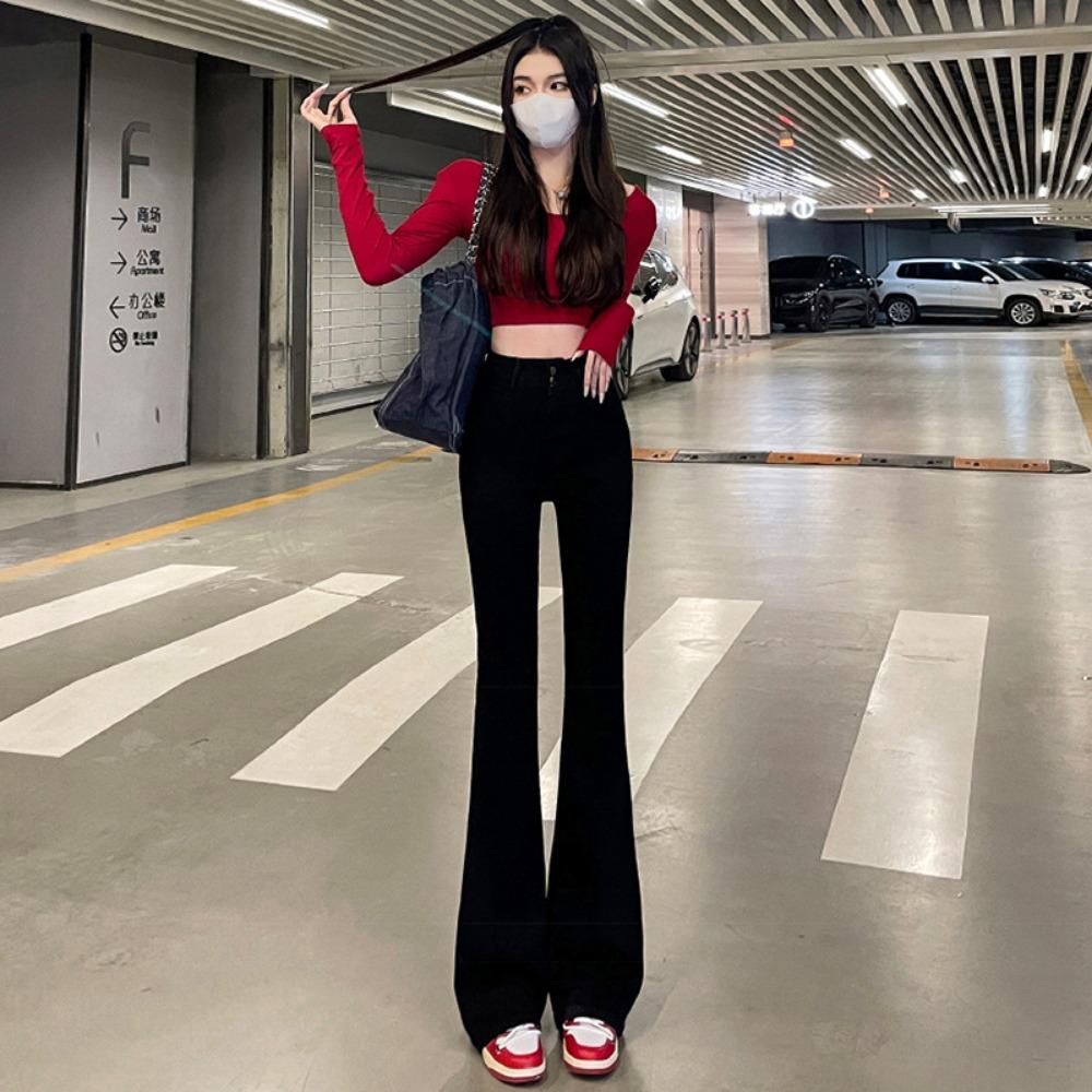 

High-waisted and slightly pulled jeans for women s 2025 autumn and winter new thin and slim elastic floor-mopping horseshoe horn trousers XL чёрный